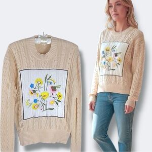 POL Cableknit ButterYellow Floral Embroidered Placket Cotton New Sweater